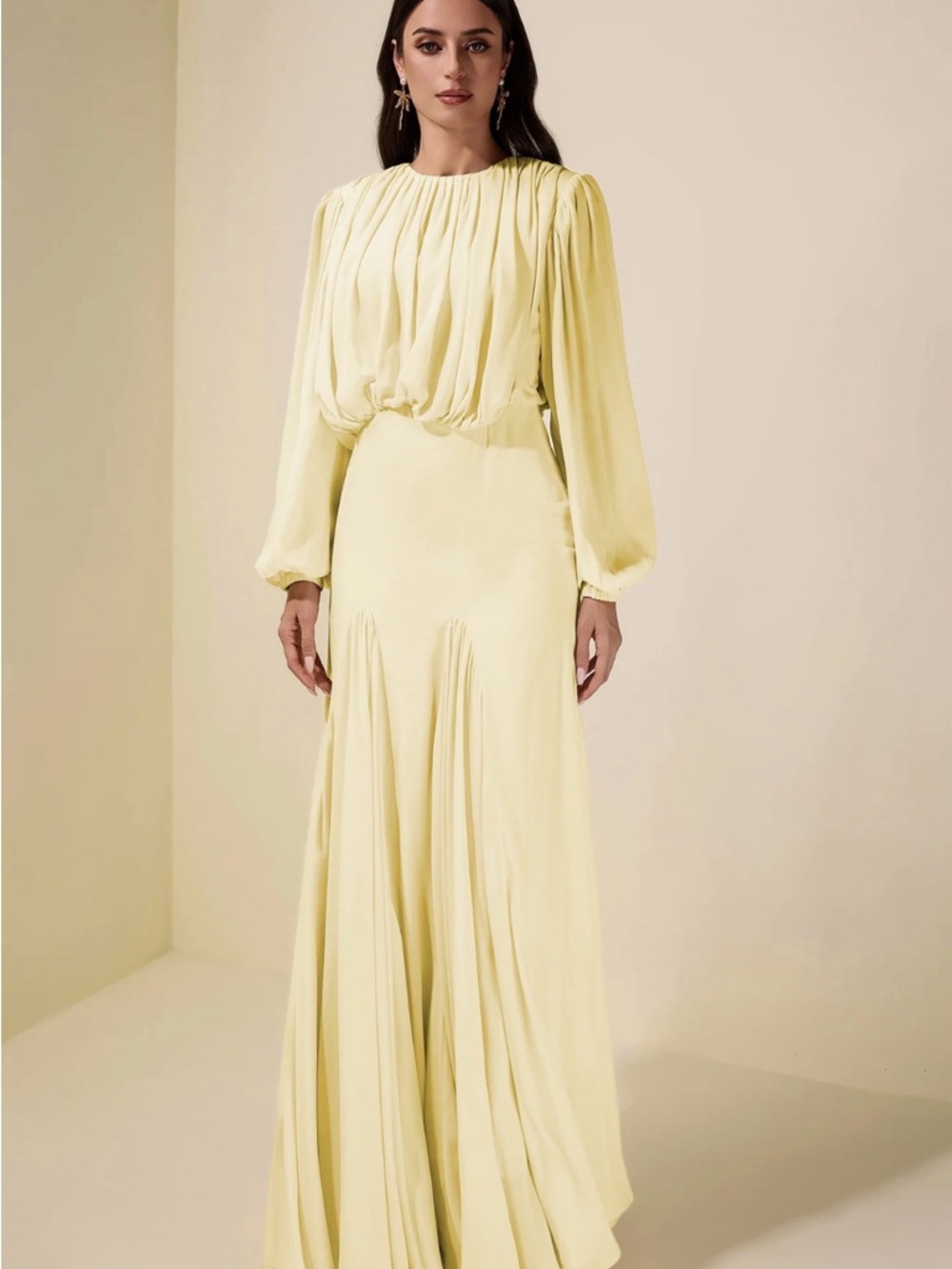 Pale Yellow Long Sleeve Pleated Maxi Dress